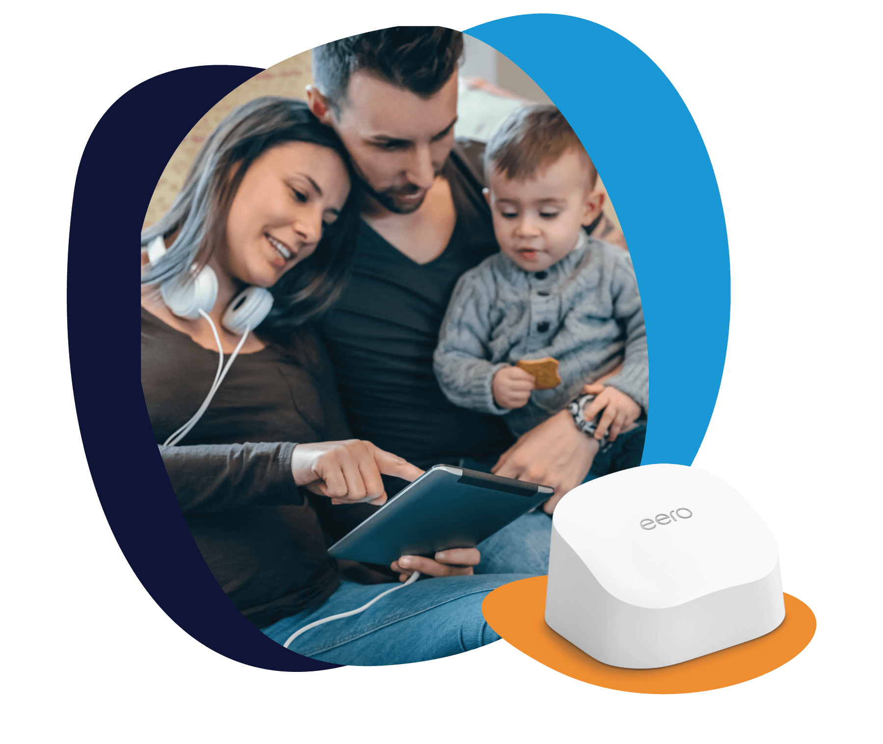 Family using tablet next to eero router