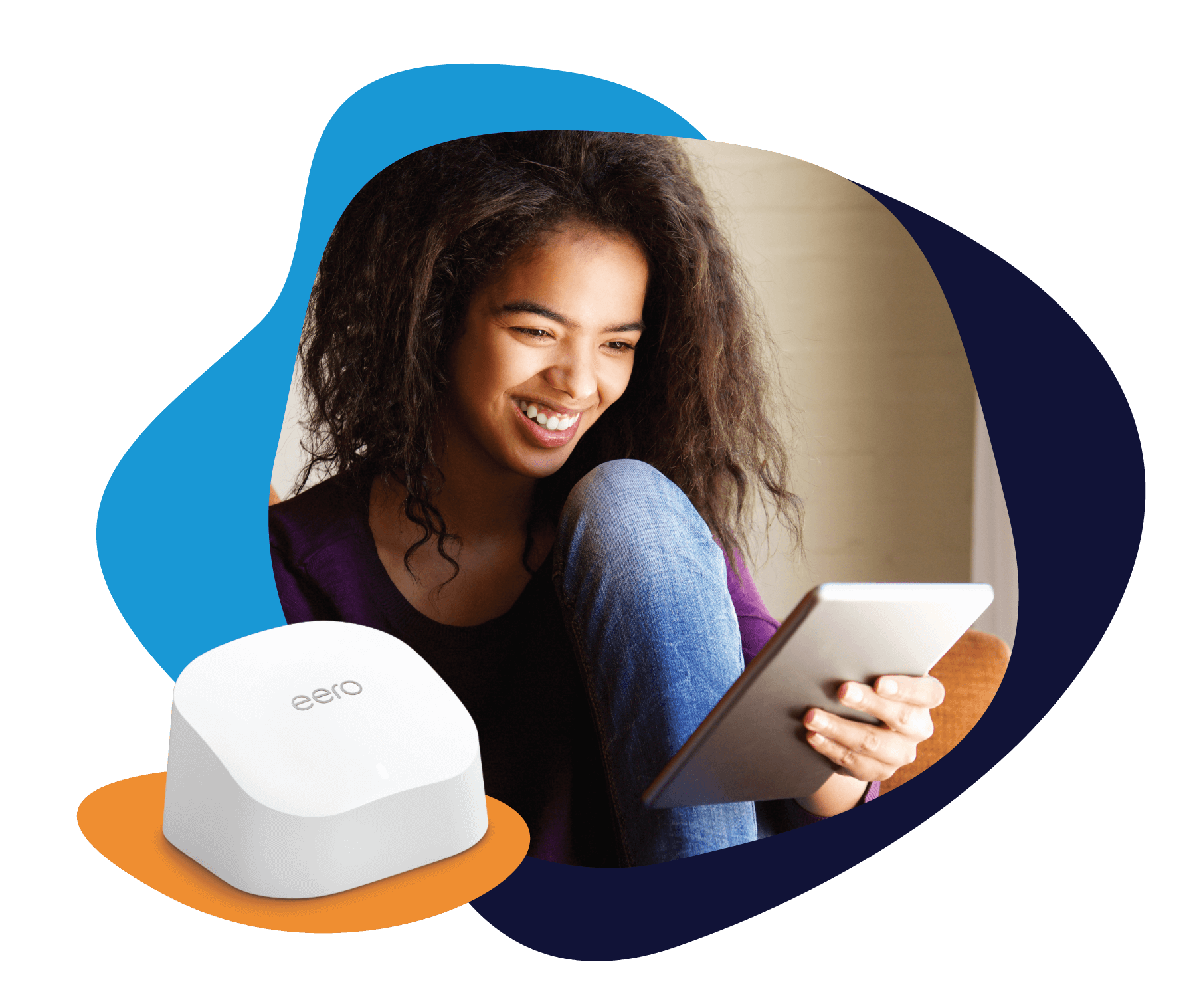 Young woman using tablet next to eero router